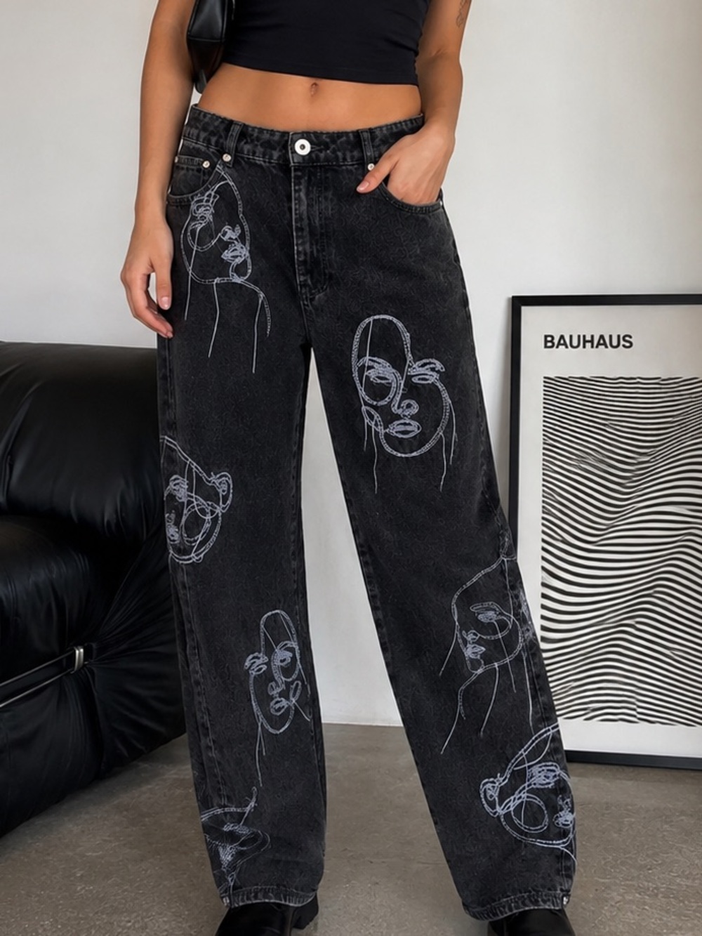 Manière De Voir Size 14 Abstract Face Embroidered Black Jeans Streetwear